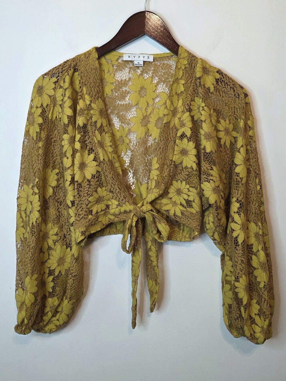 HYFVE Mustard Yellow Sunflower Floral Lace Open Tie Front Cropped Cardigan Small